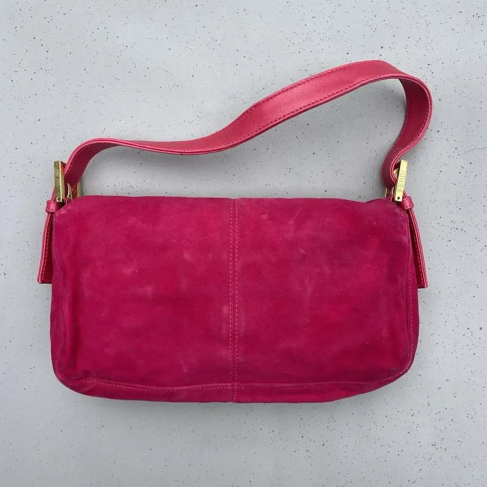 FENDI Mamma Baguette Pink Suede Gold Glitter Flap Shoulder Bag Purse - Picture 2 of 16